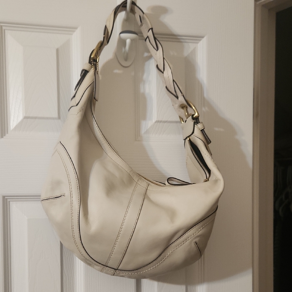 Coach Cream Leather Hobo Bag with Braided Strap and Gold Hardware